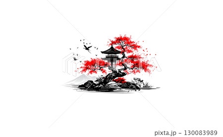 Colorful grunge art illustration with trees and birds. Colorful grunge art illustration with trees and birds. 130083989