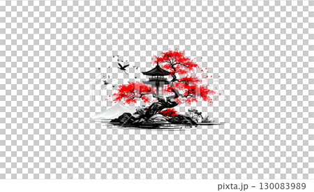 Colorful grunge art illustration with trees and birds. 130083989