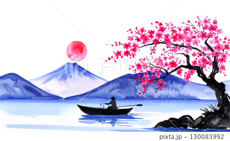 Golden sunset drawing Japanese sky with silhouette of a man in a boat and a woman isolated on white background 130083992