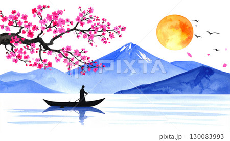 Golden sunset drawing Japanese sky with silhouette of a man in a boat and a woman isolated on white background 130083993