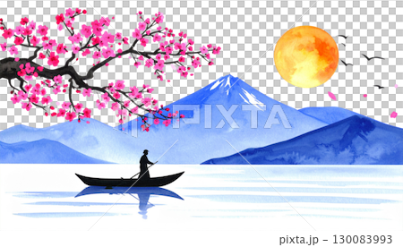 Golden sunset drawing Japanese sky with silhouette of a man in a boat and a woman isolated on white background 130083993