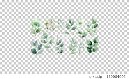 Green floral frame with natural pattern of leaves, trees and flowers, isolated on white background. 130084003