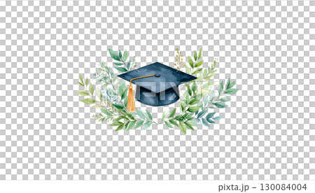Black graduation cap with diploma, symbolizing educational achievement and learning path isolated on white background. 130084004