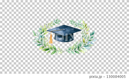 Black graduation cap with diploma, symbolizing educational achievement and learning path isolated on white background. Black graduation cap with diploma, symbolizing educational achievement and learning path isolated on white background. 130084005