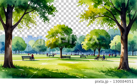 Beautiful spring park landscape with green grass and trees under a blue sky 130084051