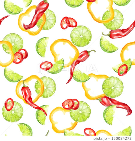 Hand-drawn illustration of a seamless pattern with red chili peppers, green and yellow bell peppers, and lime slices Hand-drawn illustration of a seamless pattern with red chili peppers, green and yellow bell peppers, and lime slices 130084272