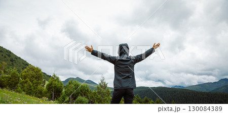 Woman enjoy the forest in summer high altitude mountains 130084389