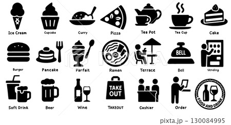フード&ドリンク黒単色アイコン、Restaurant & Cafe Pictograms フード&ドリンク黒単色アイコン、Restaurant & Cafe Pictograms 130084995