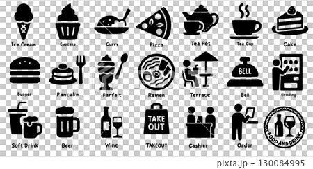 フード&ドリンク黒単色アイコン、Restaurant & Cafe Pictograms フード&ドリンク黒単色アイコン、Restaurant & Cafe Pictograms 130084995