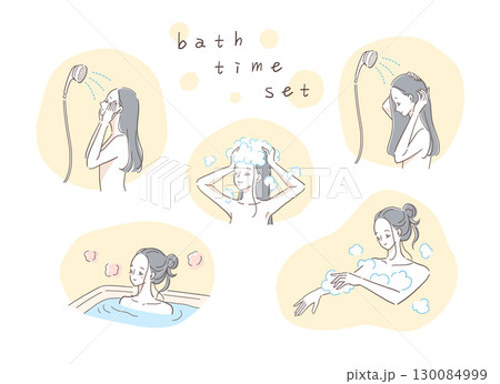 お風呂に入る女性のイラストセット 130084999