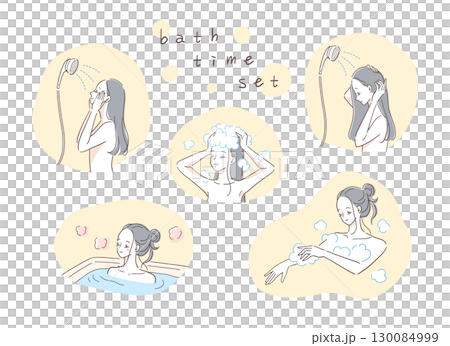 お風呂に入る女性のイラストセット 130084999