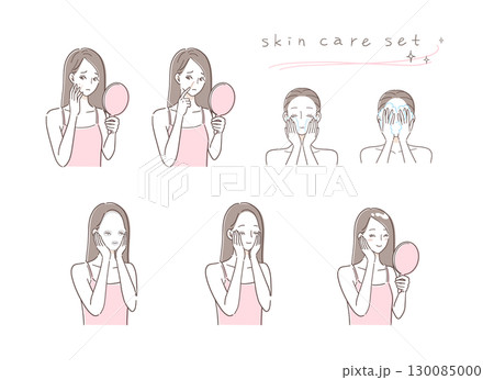 スキンケアをする女性のイラストセット 130085000