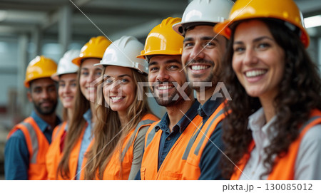 Group of smiling construction workers wearing safety helmets and reflective vests standing together in an industrial environment. Group of smiling construction workers wearing safety helmets and reflective vests standing together in an industrial environment. 130085012