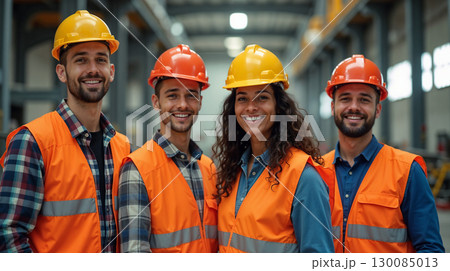 Group of smiling construction workers wearing safety helmets and reflective vests standing together in an industrial environment. Group of smiling construction workers wearing safety helmets and reflective vests standing together in an industrial environment. 130085013