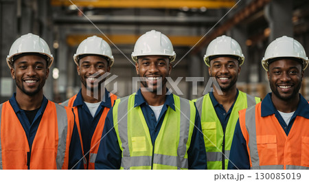Group of smiling construction workers wearing safety helmets and reflective vests standing together in an industrial environment. 130085019