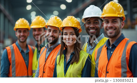 Group of smiling construction workers wearing safety helmets and reflective vests standing together in an industrial environment. 130085021