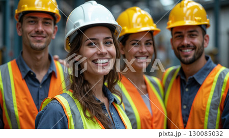 Group of smiling construction workers wearing safety helmets and reflective vests standing together in an industrial environment. 130085032