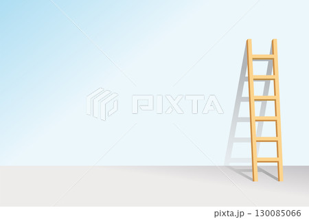 Illustration of a wooden ladder leaning against a blank light blue wall with a simple minimalist background. 130085066