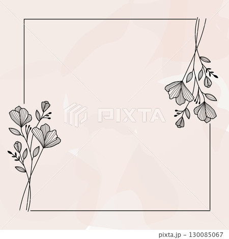 a minimalist, elegant design featuring a square frame with delicate line art illustrations of flowers 130085067