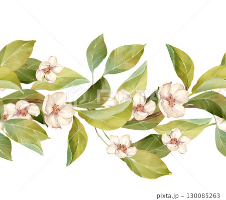 Hand-drawn illustration of a seamless border with delicate white flowers and leaves 130085263