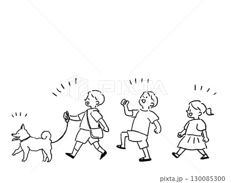 一匹の芝犬を散歩させる小さい男の子と女の子、歩く小さい子供三人と犬、線画 130085300
