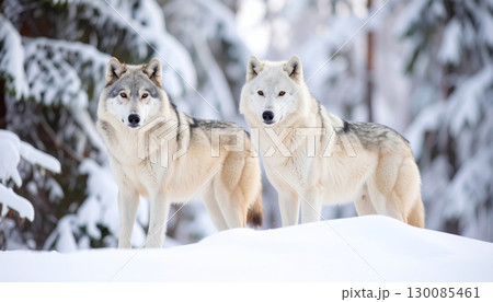 A majestic gray wolf-like Siberian husky dog with thick fur in the snow A majestic gray wolf-like Siberian husky dog with thick fur in the snow 130085461