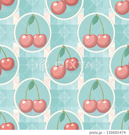 Seamless vector pattern of sweet red cherries with green leaves, a beautiful summer fruit illustration for food and nature-themed design Seamless vector pattern of sweet red cherries with green leaves, a beautiful summer fruit illustration for food and nature-themed design 130085474