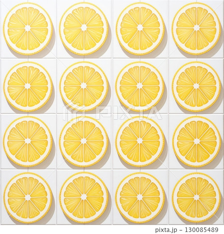 Set of fresh yellow lemon and citrus slices, isolated on a white background, creating a seamless pattern 130085489