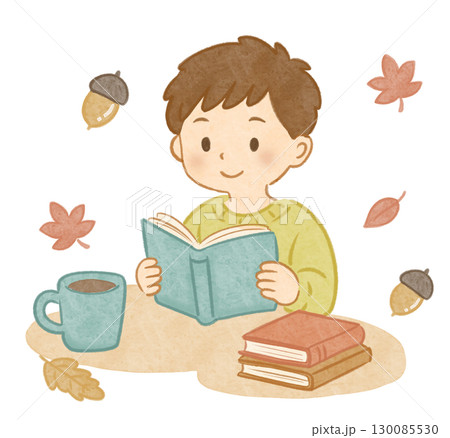 読書の秋 男の子 紅葉とどんぐり  130085530