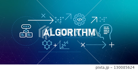 Algorithm conceptual banner illustration flowchart representing rules and logic procedure or formula for solving a problem or completing a task concept in computer science and programming Algorithm conceptual banner illustration flowchart representing rules and logic procedure or formula for solving a problem or completing a task concept in computer science and programming 130085624
