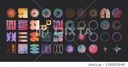 Brutalist geometric shapes, modern grunge symbols. Simple primitive elements and forms, distressed details. Retro design, aged, vintage, trendy contemporary minimalist style, y2k. Vector illustration 130085646