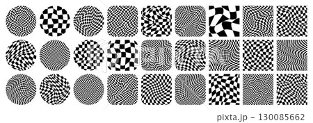 Groovy checkered pattern, colorful tiled grid. Vintage wavy curved backdrop, distortion effect. Funky geometric chessboard texture, retro background in 90s style, y2k. Vector illustration 130085662