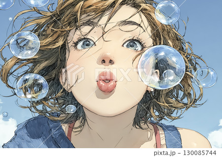 美優シリーズ：シャボン玉で喜ぶショートボブの女性 130085744