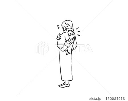 ぐずる小さい子供を抱っこしてあやすお母さん、線画 130085918