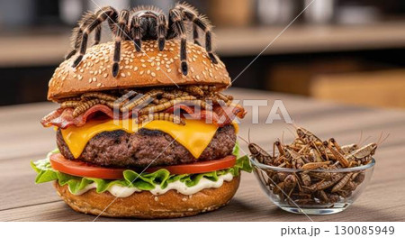 タランチュラとミルワームを乗せた昆虫ベーコンチーズバーガー タランチュラとミルワームを乗せた昆虫ベーコンチーズバーガー 130085949