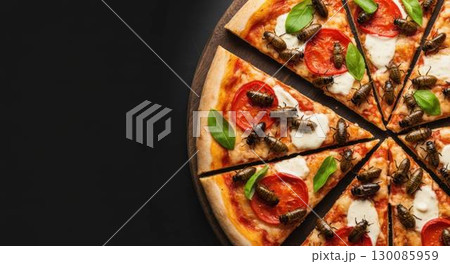 黒い背景の食用昆虫ピザ（コピースペースあり） 130085959