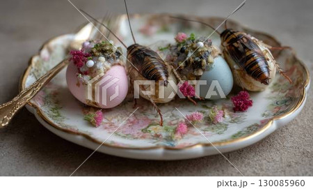 高級食器に盛り付けられた食用ゴキブリの前菜 高級食器に盛り付けられた食用ゴキブリの前菜 130085960