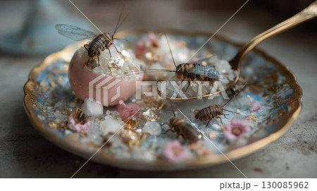 砂糖と金箔で飾られた食用昆虫のデザート 砂糖と金箔で飾られた食用昆虫のデザート 130085962