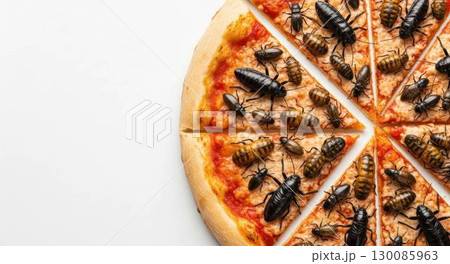 白い背景の昆虫ピザ(コピースペースあり) 白い背景の昆虫ピザ(コピースペースあり) 130085963