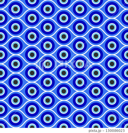 Evil eye seamless pattern. Blue mystic bead Greece print. Magic Turkish nazar background. Abstract symbol of protection luck and energy. Ethnic amulet and talisman wallpaper for spiritual decoration 130086023