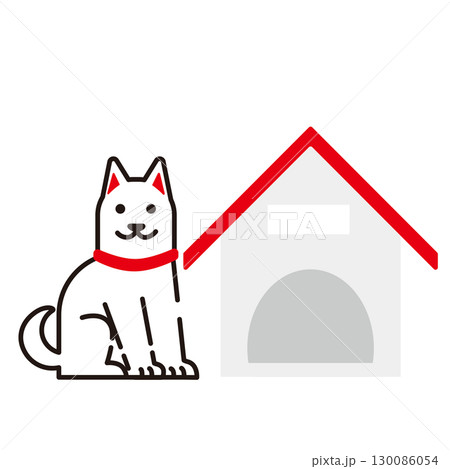 犬小屋と白い犬のかわいいベクターイラスト素材 130086054