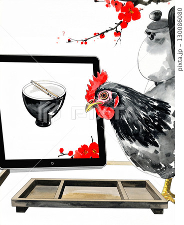 A rooster studies ice cream on a tablet, while a palette sits below a tea pot beside the screen. 130086080