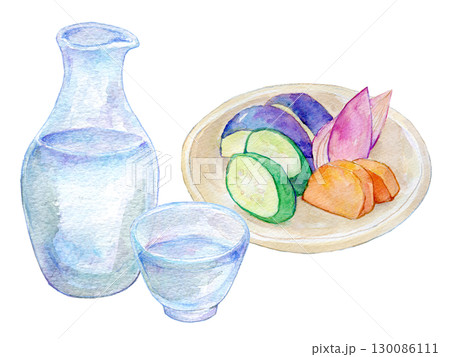 水彩イラスト　冷酒とお漬物 130086111