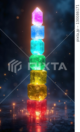 Balanced tower of seven glowing colorful crystals symbolizing the chakras on a dark mystical background Balanced tower of seven glowing colorful crystals symbolizing the chakras on a dark mystical background 130086171