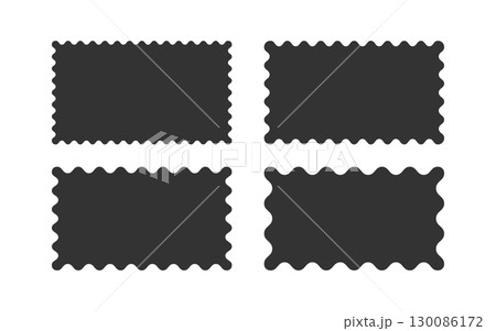 Wavy scallop edge frame set. Wave rectangle vintage geometric shape. Scalloped wiggle border. Squiggly clouds square stickers. Empty text boxes. Vector illustration isolated on white background 130086172