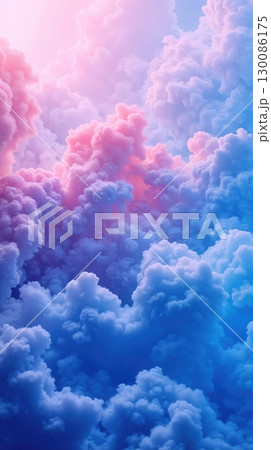 Vibrant cloudscape background with surreal pink and blue fluffy cumulus clouds in vertical format. 130086175