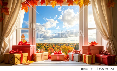 紅葉が窓を彩る、秋のギフトボックスのフレーム 130086178