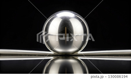 Reflective metal sphere balancing on a curved surface with a dark backdrop 130086194
