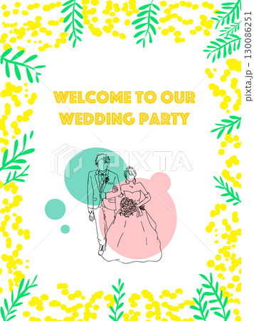 春の花と葉っぱのかわいいフレームセット・結婚式・ウェディング・招待状・ミモザ 130086251