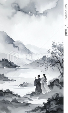 A couple taking a selfie in an elegant oriental landscape, blending tradition and modern life under the moonlight 130086269